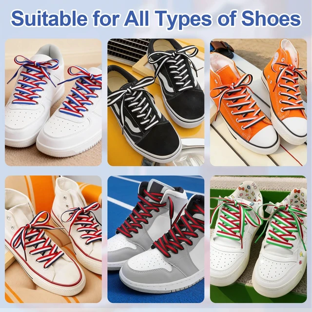Alt view image 5 of 7 - Colored Flat Shoe Laces: 47" Red White Blue Shoelaces for Sneakers | 1 Pair, 10mm Wide, 12 Stripe Colors, 28"-59", Men & Women