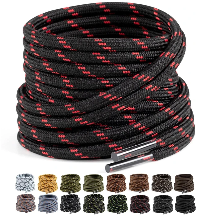 Main image of 2 Pairs Work Boots Shoe Laces, 4.5mm Round Shoelaces Black Red 72" | Tight rhombic woven heavy duty round hiking laces, anti-slip & anti-loosening; 39"72" lengths & 16 colors for men & women.