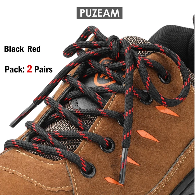 Alt view image 2 of 7 - 2 Pairs Work Boots Shoe Laces, 4.5mm Round Shoelaces Black Red 72" | Tight rhombic woven heavy duty round hiking laces, anti-slip & anti-loosening; 39"72" lengths & 16 colors for men & women.