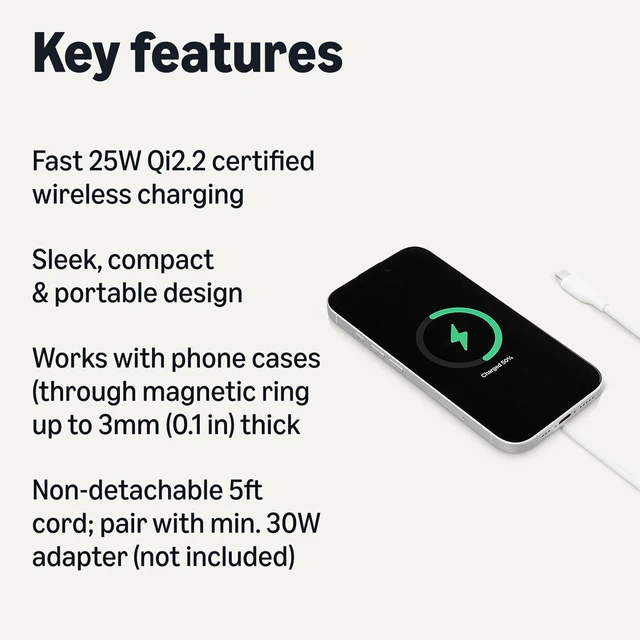 Alt view image 2 of 5 - 25W Qi2.2 Certified Wireless Charging Pad, MagSafe Compatible for iPhone 17/16/15/14/13/12, Magnetic Compatible for Android, Google Smartphones, White (Adapter Not Included)
