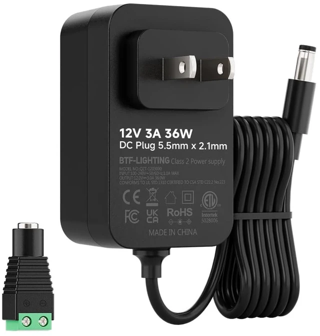 Main image of 12V 3A 36W Power Supply Adapter ETL Listed, Class 2 | 100-240V AC to 12V DC Converter Power Supply, 5.5x2.1mm Jack for Low Voltage LED Strip Lights, CCTV, Router, Electronics
