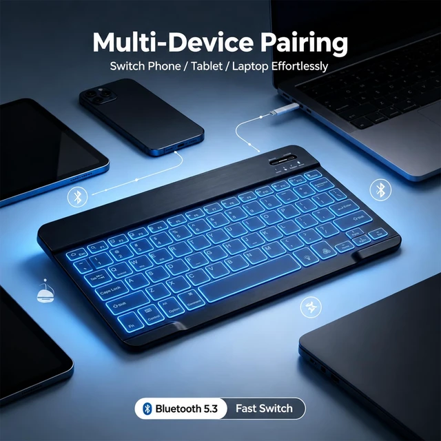 Alt view image 4 of 7 - Bluetooth keyboard for Phone, Tablet, iPad Air, Pro, Mini, A16, M2, M3, Galaxy, ChromeBook, MackBook, Wireless Travel Keyboard for Computers - Rechargable, Lightweight, Slim, Easy to Carry