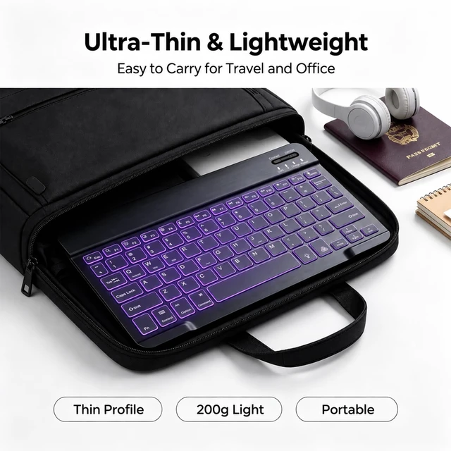 Alt view image 5 of 7 - Bluetooth keyboard for Phone, Tablet, iPad Air, Pro, Mini, A16, M2, M3, Galaxy, ChromeBook, MackBook, Wireless Travel Keyboard for Computers - Rechargable, Lightweight, Slim, Easy to Carry