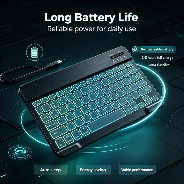 Alt view image 7 of 7 - Bluetooth keyboard for Phone, Tablet, iPad Air, Pro, Mini, A16, M2, M3, Galaxy, ChromeBook, MackBook, Wireless Travel Keyboard for Computers - Rechargable, Lightweight, Slim, Easy to Carry