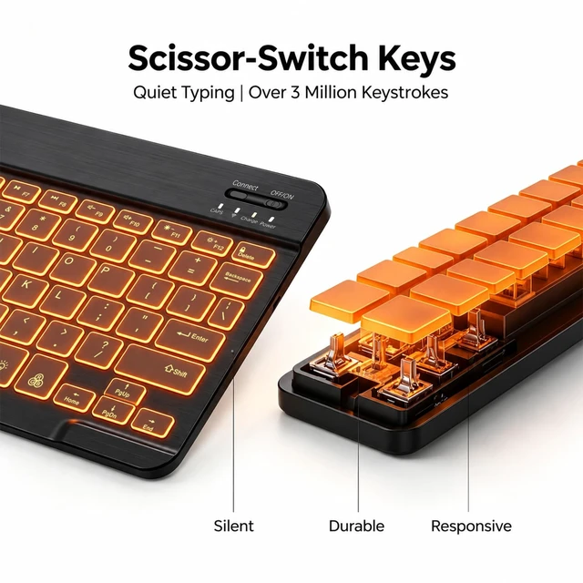 Alt view image 6 of 7 - Bluetooth keyboard for Phone, Tablet, iPad Air, Pro, Mini, A16, M2, M3, Galaxy, ChromeBook, MackBook, Wireless Travel Keyboard for Computers - Rechargable, Lightweight, Slim, Easy to Carry