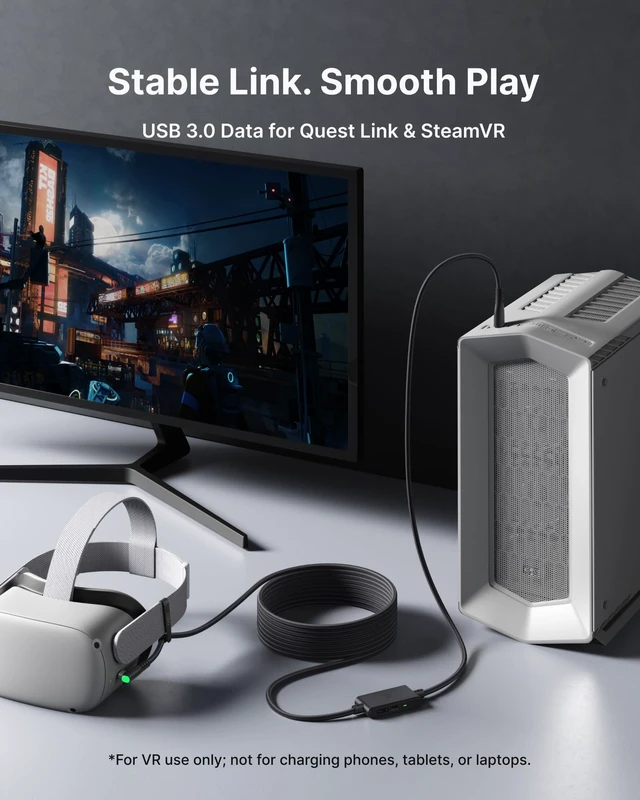 Alt view image 3 of 7 - 16ft VR Link Cable with Separate Charging Port, USB 3.0 to USB C Cable | USB 3.0 High Speed & Charging, Compatible for Virtual Reality Headset, Meta Quest 3S, Quest Pro, Pico 4, Steam VR, Gaming PC