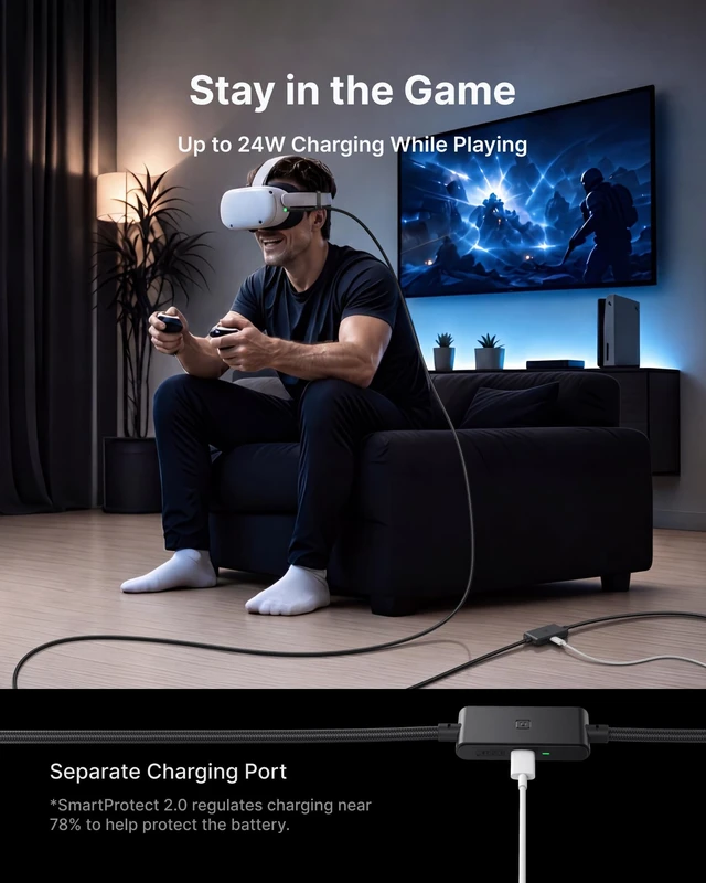 Alt view image 2 of 7 - 16ft VR Link Cable with Separate Charging Port, USB 3.0 to USB C Cable | USB 3.0 High Speed & Charging, Compatible for Virtual Reality Headset, Meta Quest 3S, Quest Pro, Pico 4, Steam VR, Gaming PC