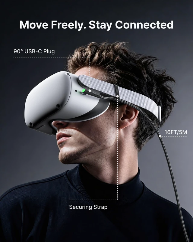 Alt view image 4 of 7 - 16ft VR Link Cable with Separate Charging Port, USB 3.0 to USB C Cable | USB 3.0 High Speed & Charging, Compatible for Virtual Reality Headset, Meta Quest 3S, Quest Pro, Pico 4, Steam VR, Gaming PC