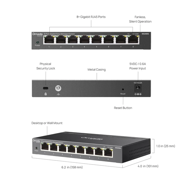 Alt view image 3 of 7 - ES208G, 8 Port Gigabit Easy Managed Switch | VLAN, Auto Loop Prevention, IGMP Snooping, Fanless, Managed by Omada, Durable Metal w/Shielded Ports