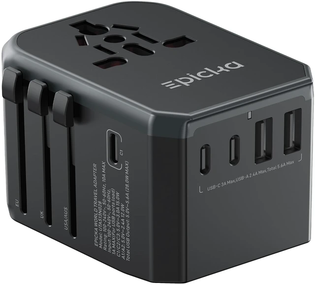 Main image of Universal Travel Adapter with 1AC/3 USB-C/2 USB-A Ports | Travel Plug Adapter for EU/US/UK/AUS, Supports Charging for Multi-Device, Not A Voltage Converter, TA-105+, Grey