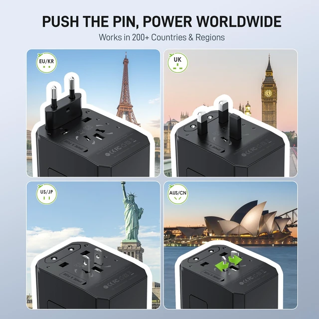 Alt view image 3 of 6 - Universal Travel Adapter with 1AC/3 USB-C/2 USB-A Ports | Travel Plug Adapter for EU/US/UK/AUS, Supports Charging for Multi-Device, Not A Voltage Converter, TA-105+, Grey