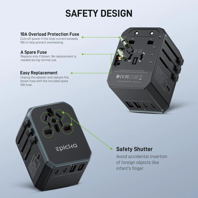 Alt view image 6 of 6 - Universal Travel Adapter with 1AC/3 USB-C/2 USB-A Ports | Travel Plug Adapter for EU/US/UK/AUS, Supports Charging for Multi-Device, Not A Voltage Converter, TA-105+, Grey