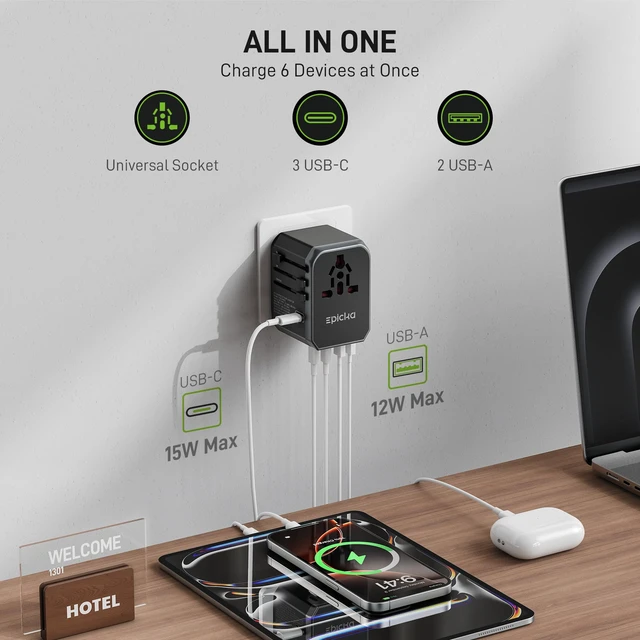 Alt view image 2 of 6 - Universal Travel Adapter with 1AC/3 USB-C/2 USB-A Ports | Travel Plug Adapter for EU/US/UK/AUS, Supports Charging for Multi-Device, Not A Voltage Converter, TA-105+, Grey