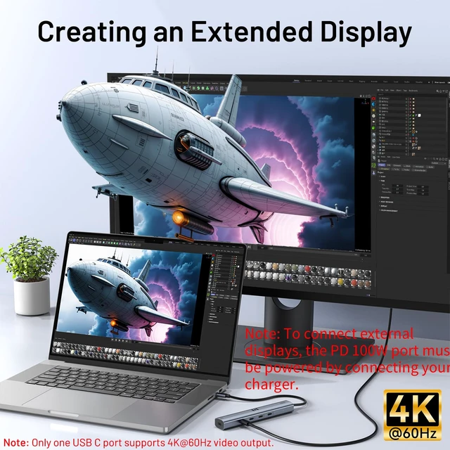 Alt view image 3 of 7 - 4K@60Hz Video Display, Selore 5 Ports USB-C Splitter, C Port Data Transfer, 100W PD-in Charging, Dongle Multiport Adapter for MacBook Pro, iPad, Dell, HP, and More