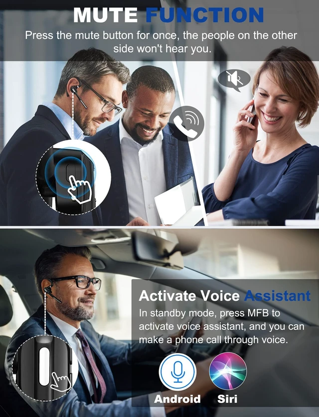 Alt view image 6 of 7 - Headset with microphone, Wireless Bluetooth Earpiece for work | 72H Playtime, 500mAh Charging Case, Mute Button for Work, Trucker, Office, Driving, Cell Phone