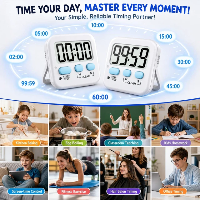 Alt view image 7 of 7 - 2 Pack Digital Timer for Kids Classroom Kitchen Timers for Cooking | With 2*AAA Battery, Count Up / Down, Loud Alarm & Silent FlashLight Mode, Magnetic Back, Kickstand, School Teacher Supplies