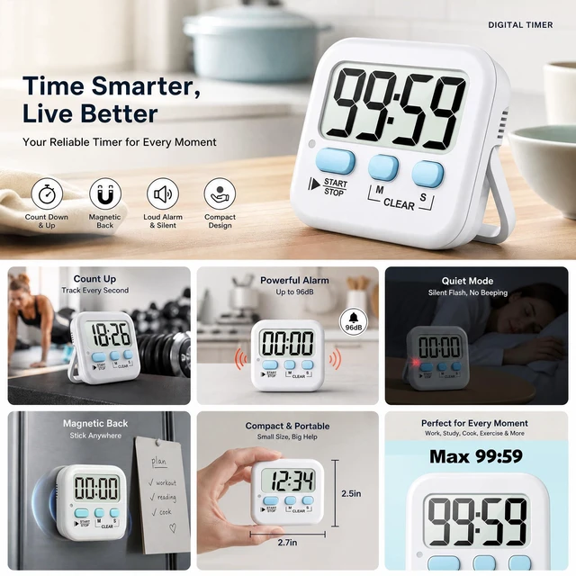 Alt view image 6 of 7 - 2 Pack Digital Timer for Kids Classroom Kitchen Timers for Cooking | With 2*AAA Battery, Count Up / Down, Loud Alarm & Silent FlashLight Mode, Magnetic Back, Kickstand, School Teacher Supplies