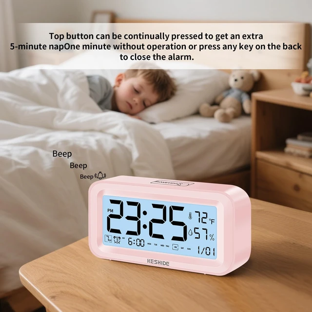 Alt view image 3 of 7 - Night Light Digital Alarm Clock Battery Operated with Indoor Temperature Humidity, Desk Small Clock,Snooze Model,12/24H Display for Bedrooms Heavy Sleepers Kids Travel Bathroom (Black)