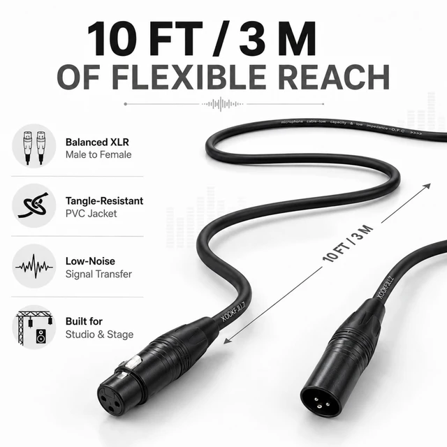 Alt view image 4 of 7 - XLR Cable Male to Female 10ft 22AWG 99.99% OFC, 128-Braid Shielded, Gold Plated Microphone Cable for Studio, Stage, Mixer, Speakers, Podcast