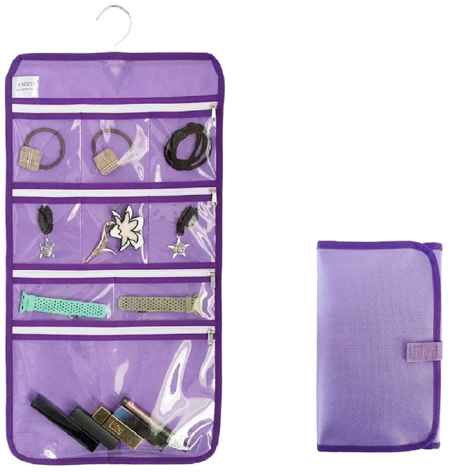 Main image of Travel Foldable Jewelry Rolls Bag Hanging Jewelry Organizer with 9 Zippered Clear Pockets Storage Pouch with Rotatable Hanger (PURPLE)