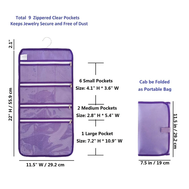 Alt view image 2 of 7 - Travel Foldable Jewelry Rolls Bag Hanging Jewelry Organizer with 9 Zippered Clear Pockets Storage Pouch with Rotatable Hanger (PURPLE)