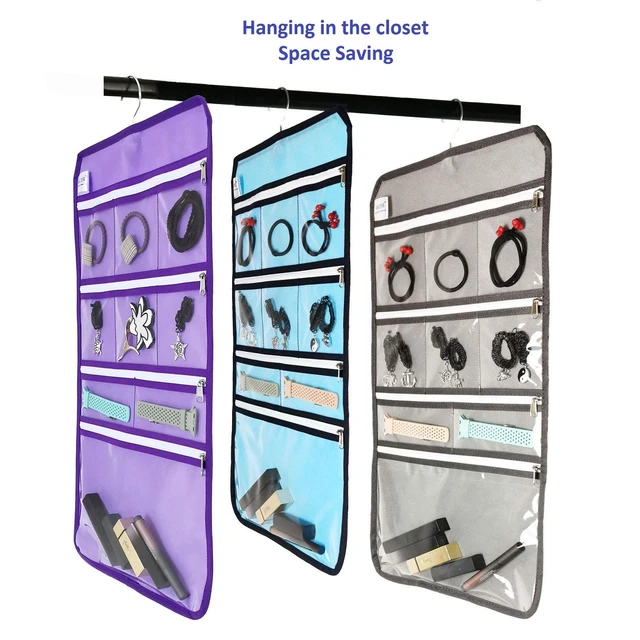 Alt view image 3 of 7 - Travel Foldable Jewelry Rolls Bag Hanging Jewelry Organizer with 9 Zippered Clear Pockets Storage Pouch with Rotatable Hanger (PURPLE)
