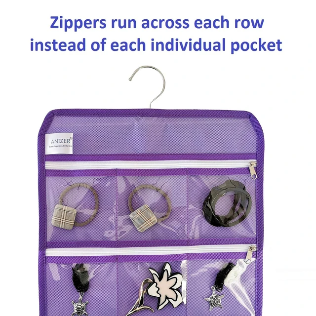 Alt view image 6 of 7 - Travel Foldable Jewelry Rolls Bag Hanging Jewelry Organizer with 9 Zippered Clear Pockets Storage Pouch with Rotatable Hanger (PURPLE)