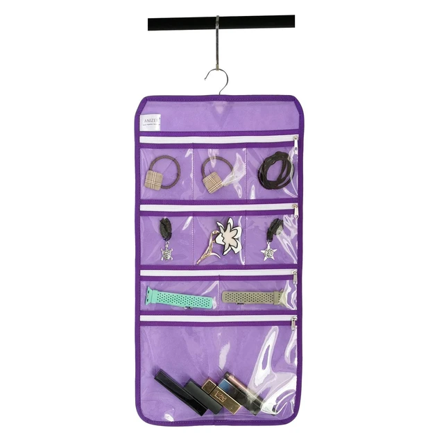 Alt view image 7 of 7 - Travel Foldable Jewelry Rolls Bag Hanging Jewelry Organizer with 9 Zippered Clear Pockets Storage Pouch with Rotatable Hanger (PURPLE)