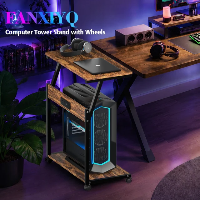 Alt view image 3 of 7 - Computer Tower Stand with Charging Station, PC Cart, Rustic Brown | Heavy-Duty Rustic Brown PC Stand with 80 lb Top and 100 lb Lower Capacity, Adjustable Height, 2-Tier Storage and Wheels