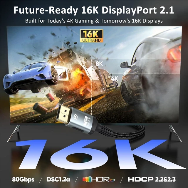 Alt view image 4 of 7 - 2.1 Cable 6.6FT, 80Gbps DP80 UHBR20 DisplayPort to DisplayPort Cable, 16K@60Hz 8K@240Hz 4K@240Hz HDR DSC HDCP, Braided DP Cable for RTX 5090/5080 Gaming PC, Monitor, G-Sync FreeSync