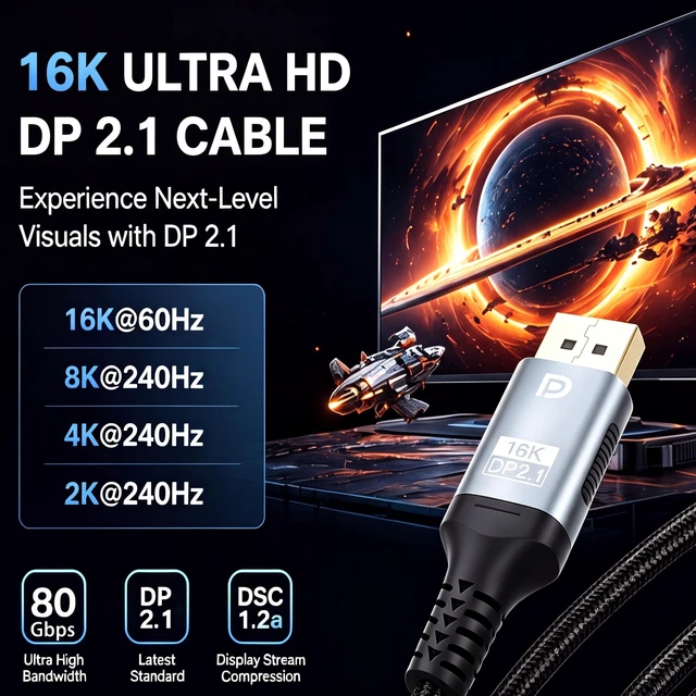 Alt view image 2 of 7 - 2.1 Cable 6.6FT, 80Gbps DP80 UHBR20 DisplayPort to DisplayPort Cable, 16K@60Hz 8K@240Hz 4K@240Hz HDR DSC HDCP, Braided DP Cable for RTX 5090/5080 Gaming PC, Monitor, G-Sync FreeSync