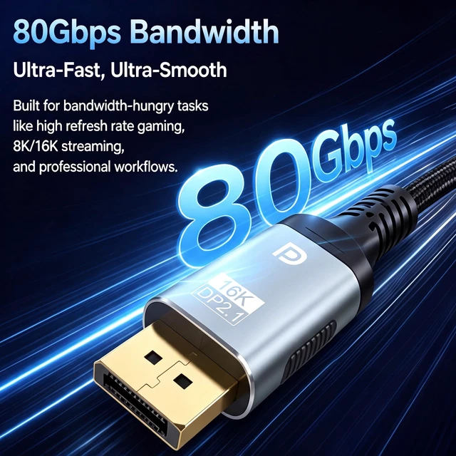 Alt view image 3 of 7 - 2.1 Cable 6.6FT, 80Gbps DP80 UHBR20 DisplayPort to DisplayPort Cable, 16K@60Hz 8K@240Hz 4K@240Hz HDR DSC HDCP, Braided DP Cable for RTX 5090/5080 Gaming PC, Monitor, G-Sync FreeSync