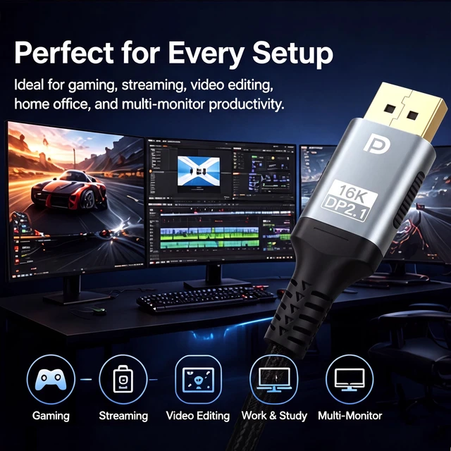 Alt view image 6 of 7 - 2.1 Cable 6.6FT, 80Gbps DP80 UHBR20 DisplayPort to DisplayPort Cable, 16K@60Hz 8K@240Hz 4K@240Hz HDR DSC HDCP, Braided DP Cable for RTX 5090/5080 Gaming PC, Monitor, G-Sync FreeSync