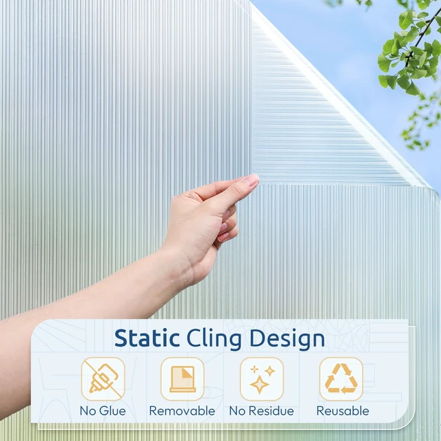 Alt view image 5 of 7 - Reeded Glass Window Privacy Film, Non Adhesive, 17.5" x 78.7" | Static Cling, Removable, UV Heat Blocking, Anti-Glare, Decorative for Bathroom Living Room