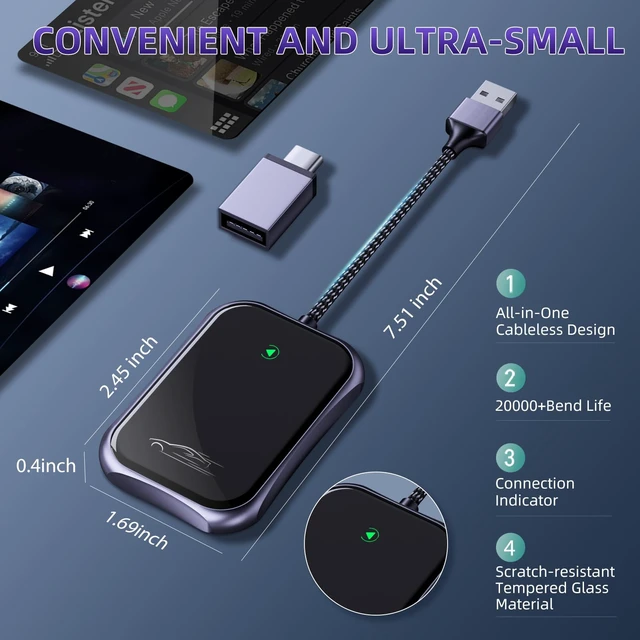 Alt view image 7 of 7 - Carplay Adapter, 2025 Upgrade Converts Wired to Wireless Adapter for iPhone, Auto Connect Dongle for Apple Car Play, Bluetooth No Delay Control for Cars from 2016 and iOS 10+, Black