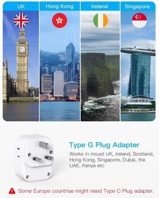 Alt view image 2 of 7 - Adapter, HANYCONY Type G Adapter for Travel, 2 Pack | UK Power Adapter with 4 Outlets 4 USB (2 USB C), US to Ireland London Scotland Kenya Dubai Singapore Hong Kong