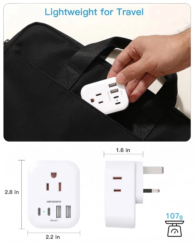 Alt view image 5 of 7 - Adapter, HANYCONY Type G Adapter for Travel, 2 Pack | UK Power Adapter with 4 Outlets 4 USB (2 USB C), US to Ireland London Scotland Kenya Dubai Singapore Hong Kong