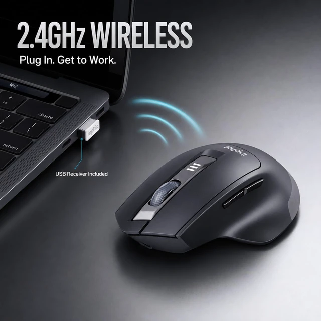 Alt view image 2 of 7 - Wireless Mouse 2.4G Rechargeable Silent Click, for Laptop PC | Ergonomic USB Optical Mouse, 6 Buttons, 2400 DPI 4-Level Adjustable, Battery Level Indicator, Grey, for Mac and Windows