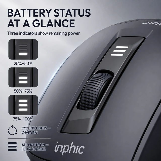 Alt view image 7 of 7 - Wireless Mouse 2.4G Rechargeable Silent Click, for Laptop PC | Ergonomic USB Optical Mouse, 6 Buttons, 2400 DPI 4-Level Adjustable, Battery Level Indicator, Grey, for Mac and Windows