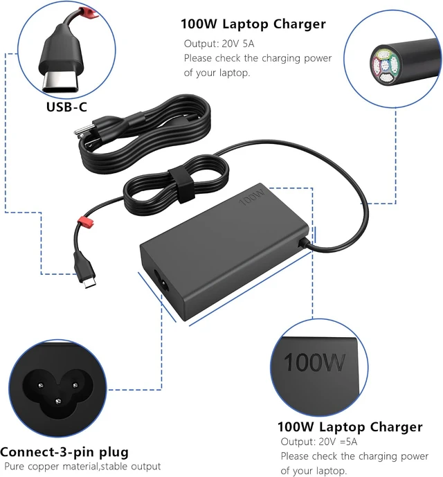 Alt view image 2 of 6 - USB C Laptop Charger 100W Fast Charger Replacement for Thinkpad IdeaPad Yoga Series Type C Charger AC Adapters