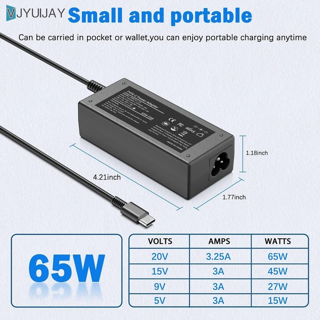 Alt view image 3 of 7 - Universal 65W USB C Laptop Charger Compatible with chromebook Acer Google Computer Type C Power AC Adapter