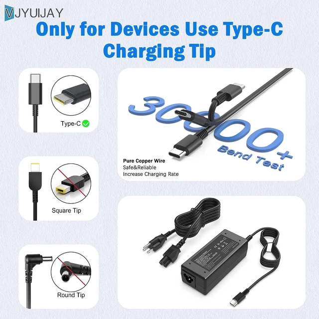 Alt view image 5 of 7 - Universal 65W USB C Laptop Charger Compatible with chromebook Acer Google Computer Type C Power AC Adapter