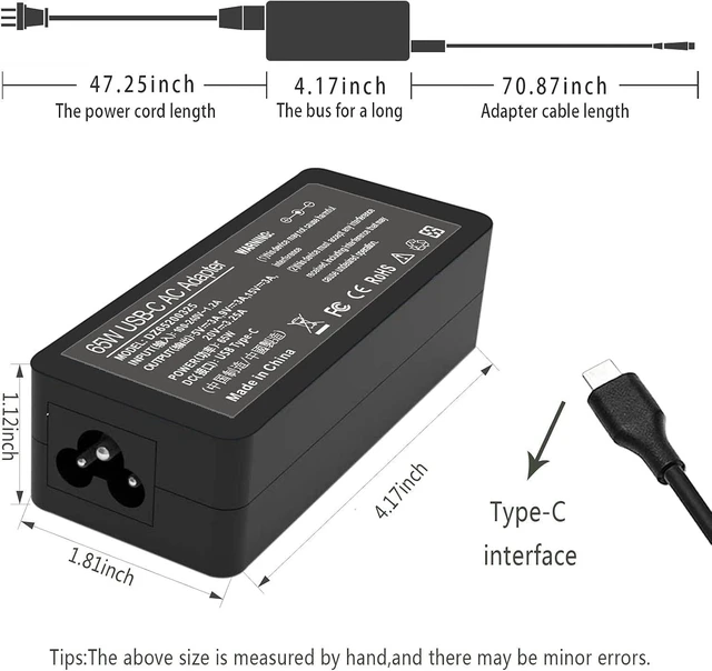 Alt view image 6 of 6 - 65W 45W USB C Laptop Power Replacement Adapter Charger for Chromebook/Yoga/ThinkPad/ Chromebook/ Laptop USB Type C Power Adapter