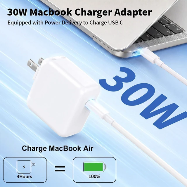 Alt view image 2 of 7 - Mac Book Air Charger 30W USB C Charger for MacBook Air 15 13 Inch M5 M4 M3 M2 M1 Fast Charging Block Plug USB C Power Adapter & 6FT USBC Cable for MacBook Neo iPhone 17/16/15 Pro iPad Pro/Air/Mini