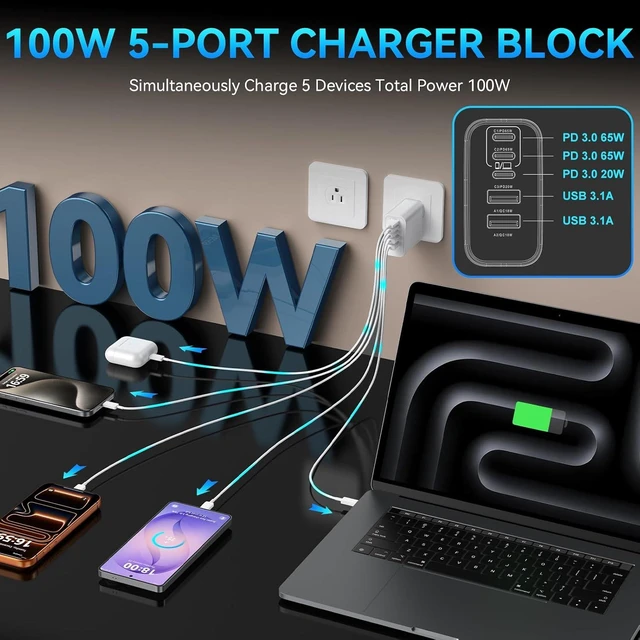 Alt view image 3 of 7 - USB C Charger Block Fast Charging 100W Super Fast USBC Pulg Power Adapter