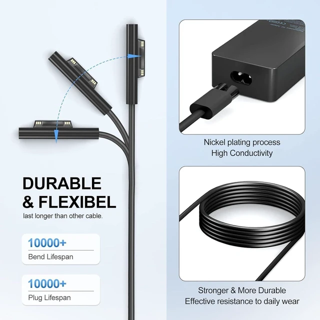 Alt view image 2 of 7 - 65W Surface Pro Laptop Charger for Microsoft Surface Pro 11 10 9 8 7+ 7 6 5 Surface Laptop 5 Studio 4 Go 3 2 Surface Book 3 2 1 Surface Go Tablet Support 36W 44W