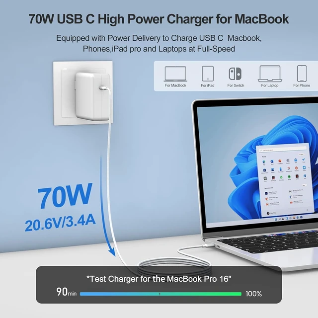 Alt view image 2 of 7 - Compatible with Mac Book Pro Charger 70W USB C Fast Charger Power Adapter
