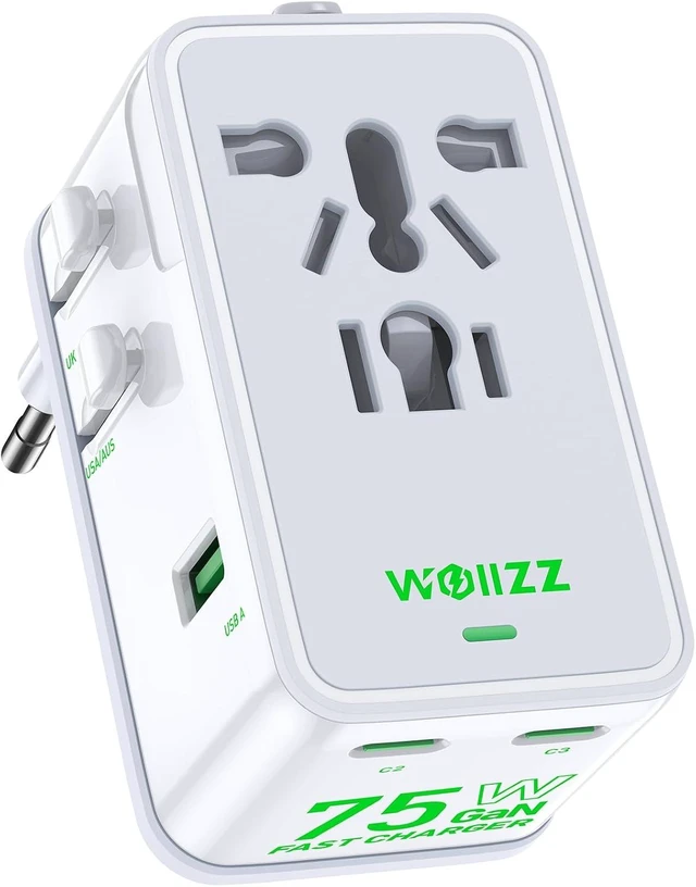 Main image of 75W Travel Adapter GaN Fast Charging European Power Universal Adapter with 5 Ports (1 AC 1 USB-A and 3 USB-C) Plug Adapter with Smart Chip for Over 200 Countries PD&QC Charger White