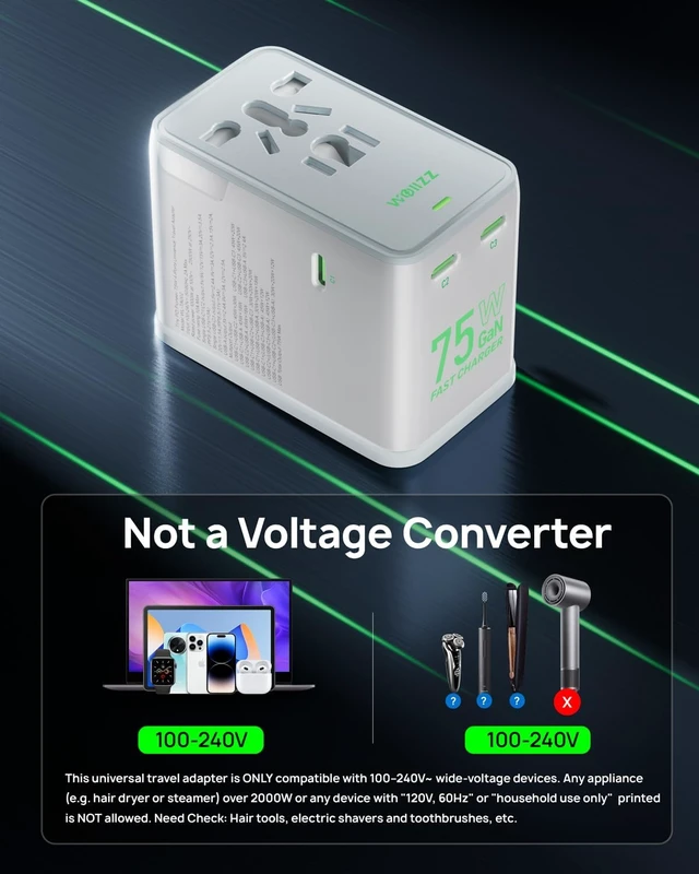 Alt view image 5 of 7 - 75W Travel Adapter GaN Fast Charging European Power Universal Adapter with 5 Ports (1 AC 1 USB-A and 3 USB-C) Plug Adapter with Smart Chip for Over 200 Countries PD&QC Charger White