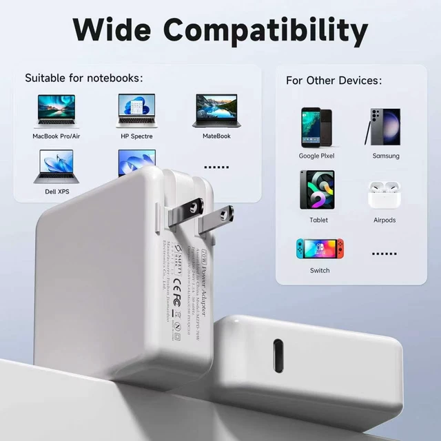 Alt view image 4 of 6 - 70W USB-C Power Adapter for MacBook Air 13 & 15(M1-M4 20202025) PD Fast Charger with Foldable Plug Lightweight Travel-Ready Design for Home Office & On-the-Go Use